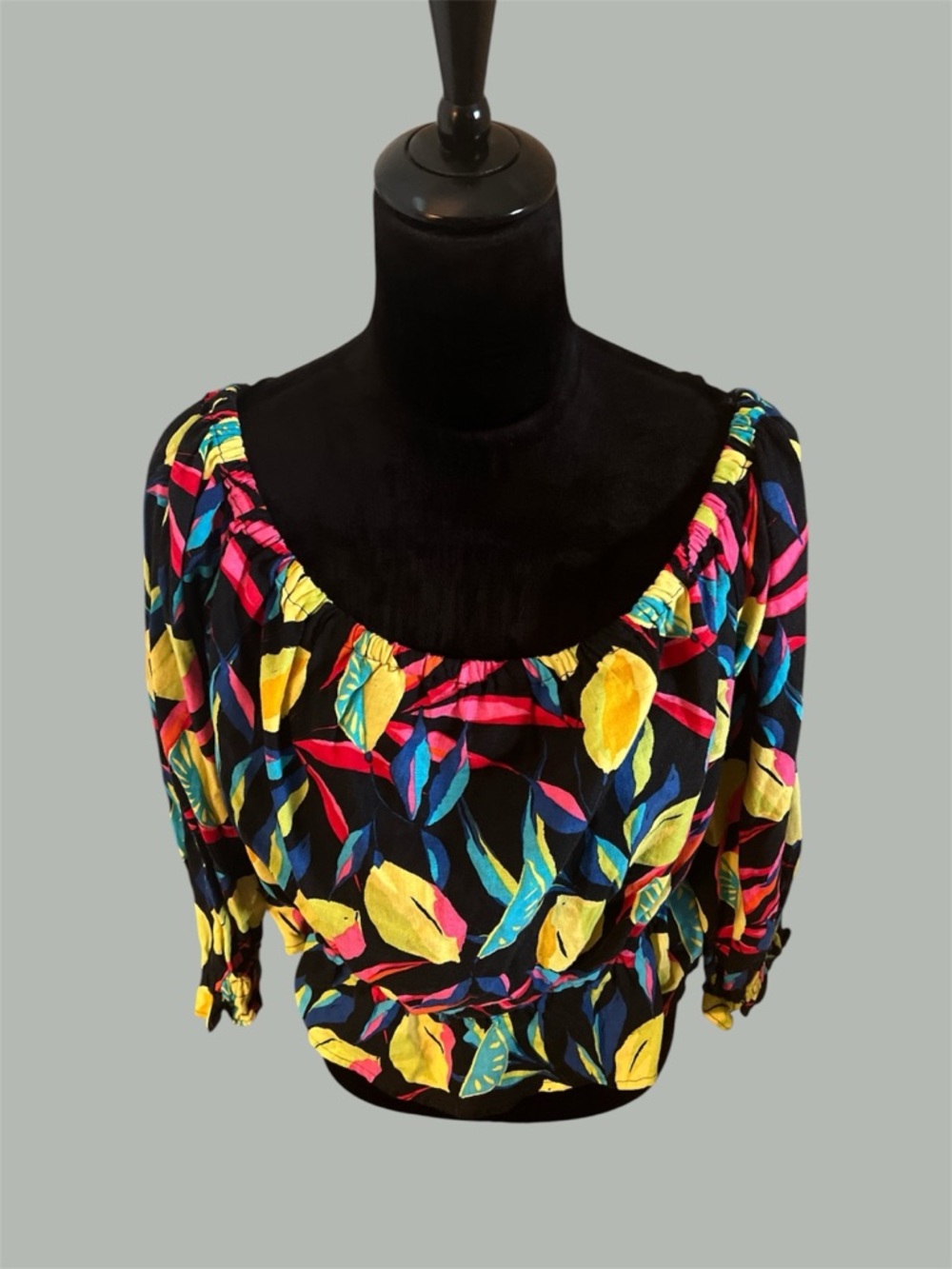 Tabitha Black Crop Top with Yellow, Pink & Blue Leaf Print